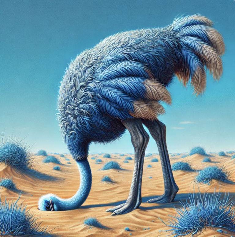 Blue ostrich sticking its head in the sand